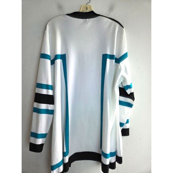 CJ Banks Women White w/Black Teal Trim Long Open Knit Cardigan Sweater size 3X - Picture 2 of 7